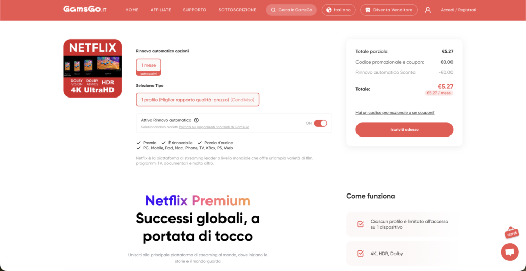 Dettaglio della pagina di acquisto Netflix Premium 4K durante il test per la nostra GamsGo recensione: focus sul prezzo mensile scontato e sulle opzioni di abbonamento condiviso disponibili.