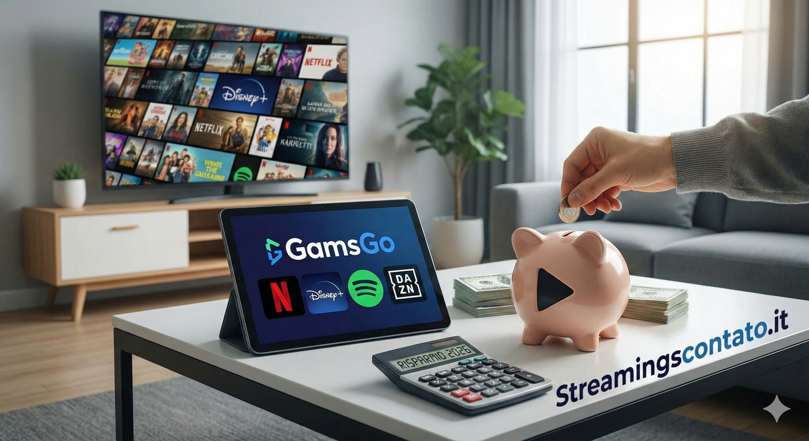 Immagine principale per la recensione di GamsGo su Streamingscontato.it. La foto mostra un tablet con l'interfaccia di GamsGo e i loghi di Netflix, Disney+, Spotify e DAZN, accanto a un salvadanaio dove viene inserita una moneta, una calcolatrice con la scritta 'RISPARMIO 2026' e delle banconote, illustrando il concetto di risparmio sugli abbonamenti.