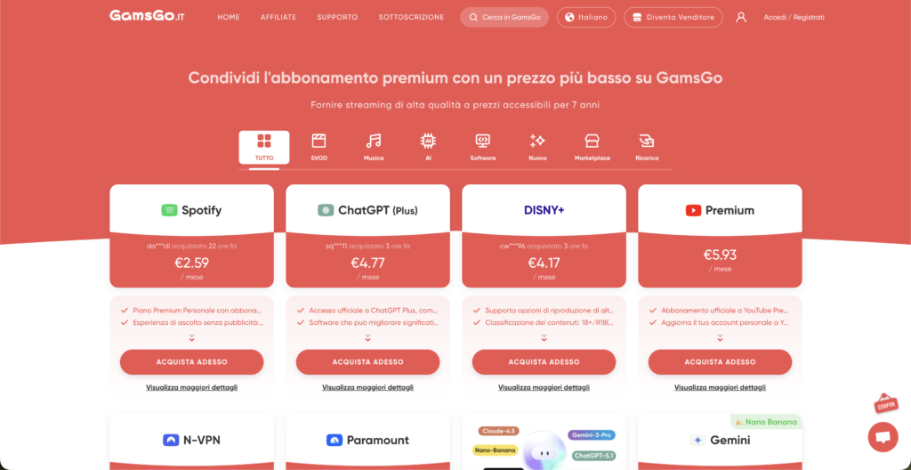 Screenshot della dashboard principale del sito ufficiale analizzata in questa GamsGo recensione: panoramica dell'interfaccia utente con la lista dei servizi di streaming condivisibili come Netflix, Disney+ e Spotify.