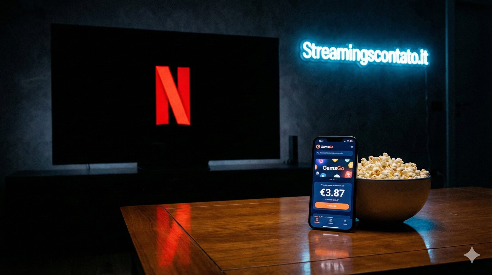 TV con Netflix e smartphone che mostra l'offerta Netflix Premium 4K scontato su Streamingscontato.it
