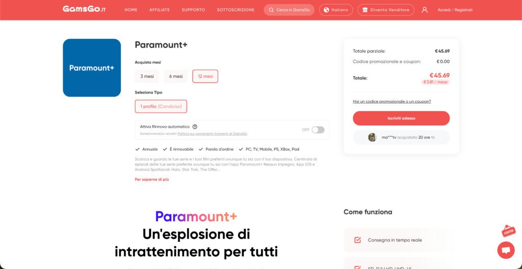 Schermata GamsGo che mostra Paramount Plus prezzo scontato a 3 euro.