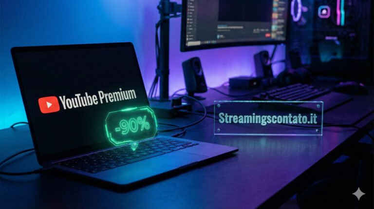 Scrivania tecnologica con laptop che mostra sconto YouTube Premium e logo Streamingscontato.it