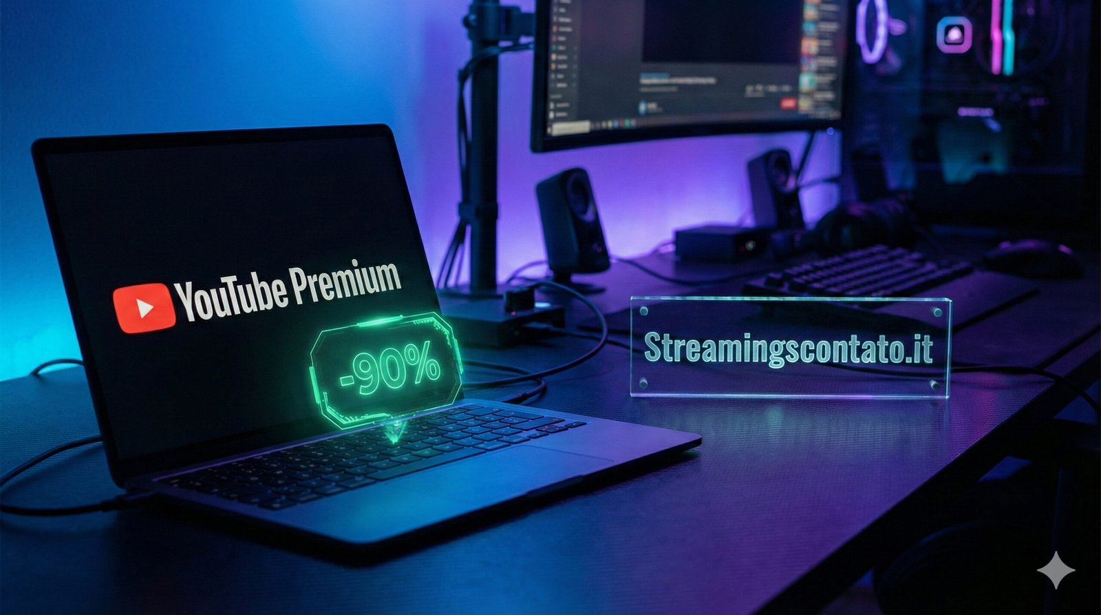 Scrivania tecnologica con laptop che mostra sconto YouTube Premium e logo Streamingscontato.it