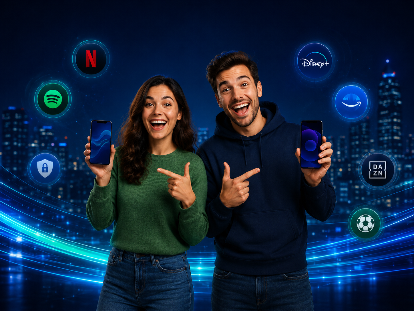 Ragazzo e ragazza felici con icone streaming e abbonamenti digitali